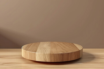 Wall Mural - Close up of a round empty teak wood table with sunlight. Concept scene stage showcase, product, perfume.