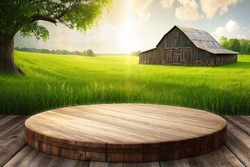 Farm wood nature field fruit table product grass garden background stand green food. Nature wood landscape morning farm outdoor sky podium forest stump beauty sun scene platform view beautiful trunk