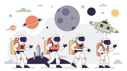 Wall Mural - a group of astronauts are walking on a planet with a rocket in the background
