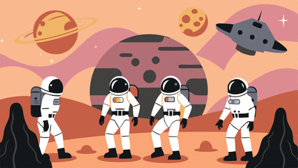 Wall Mural - a group of astronauts are dancing on the surface of a planet