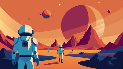 Wall Mural - a group of astronauts are walking through a desert planet