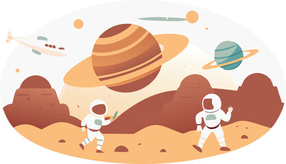 Wall Mural - two astronauts are walking on a rocky planet