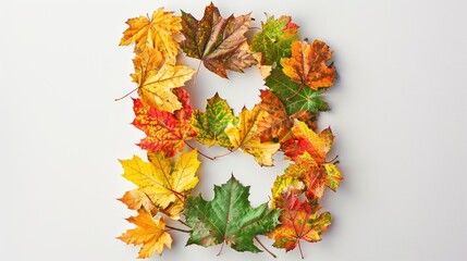 Poster - Colorful autumn maple leaves arranged in letter B shape on white background viewed from above