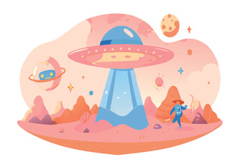 Wall Mural - a cartoon of a man running away from an alien spaceship