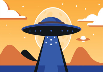 Wall Mural - a blue ufo is flying over a landscape with mountains and a body of water