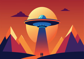 Wall Mural - a colorful drawing of a ufo flying over a mountain range