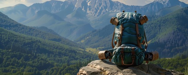 Wall Mural - Backpack resting on a rock with mountains behind flat design, top view, journey theme, 3D render, Triadic Color Scheme, copy space for text,