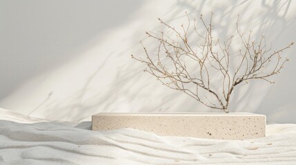 Sticker - Minimalistic product presentation background with beige podium and dry twigs on white beach sand