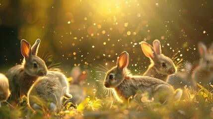 Wall Mural - A group of rabbits are running through a field of grass. The rabbits are all different sizes and are scattered throughout the field. The scene is peaceful and serene