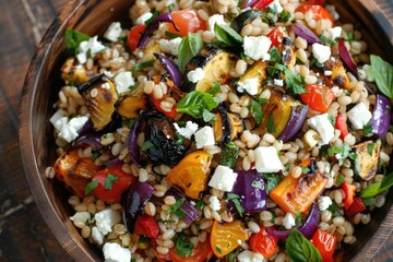 A nutritious grain salad with barley, roasted vegetables, and feta