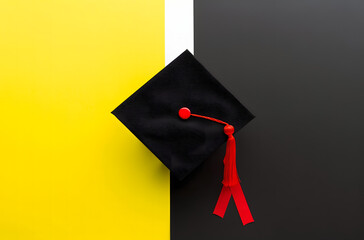 Black and white college graduation cap with red ribbon on top of blank copy space