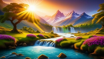 Photo majestic magical fantasy landscape with mountains river waterfall sun rays 3d