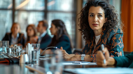 Wall Mural - A woman sits at a table with a pen and a notepad