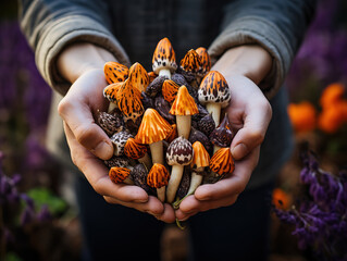 Man holds an handful of oily mushrooms in the forest