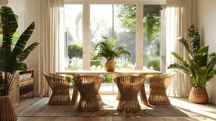 Wall Mural - Bright sunlit dining room with a wooden table, wicker chairs, and green plants by a large window with garden views. 
