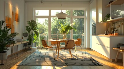 Wall Mural - A cozy modern dining room bathed in warm sunlight featuring a wooden table and comfortable chairs.