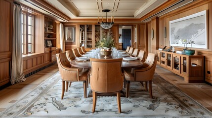 Wall Mural - Elegant and spacious dining room with classic wooden furnishings and a large table set for a refined meal 
