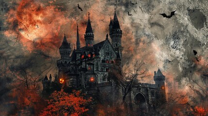 Wall Mural - Haunted Halloween Castle with Gargoyles Digital Background