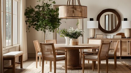 Wall Mural - Elegant dining room interior with a wooden table, wicker chairs, and stylish decor accents in a neutral color palette.