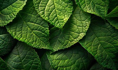 Wall Mural - A detailed view capturing the vibrant green leaves of a plant up close. Each leaf is intricately shaped and textured, showing the veins and patterns unique to this plant species