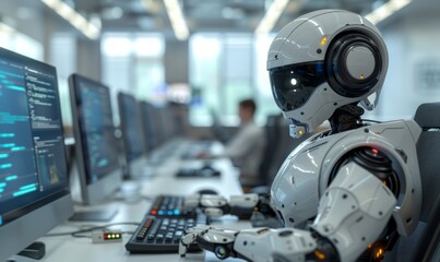 A robot working at a computer in the modern office