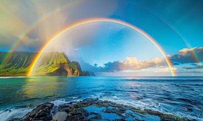 Wall Mural - An intense double rainbow over a rocky coastline in morning sunshine