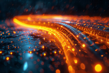Poster - Fiber optic cables in an internet infrastructure, showcasing high-speed data transfer and technology, technical photo with ambient lighting,