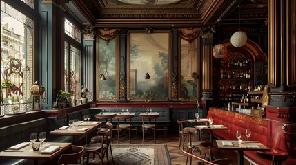 Elegant vintage cafe interior with ornate decor and classical European flair 