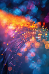 Poster - Technical photography of fiber optic cables in a high-speed communication network, showcasing efficiency and technology,