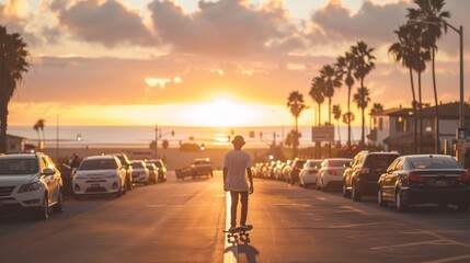 Poster - A man is riding a skateboard down a street with a sunset in the background