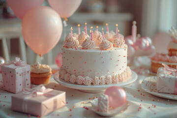 Poster - 3D birthday table in a circular shape, featuring balloons, a cake, and gifts,