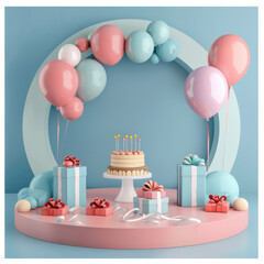 Poster - Circular birthday table arrangement in 3D, decorated with balloons, cake, and gifts,