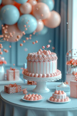 Poster - 3D-rendered circular birthday table with balloons, a cake, and gift boxes,