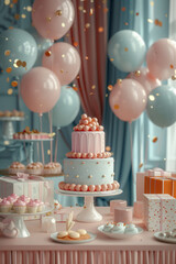 Poster - 3D-rendered circular birthday table with balloons, a cake, and gift boxes,