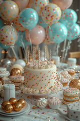 Poster - 3D model of a round birthday table with balloons, cake, and presents,