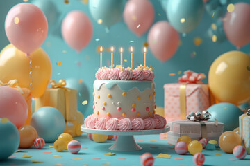 Poster - Circular birthday table in 3D visualization, adorned with a cake, balloons, and gifts,