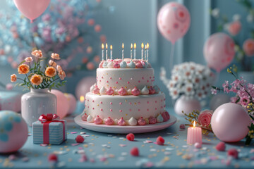 Poster - Circular birthday table in 3D visualization, adorned with a cake, balloons, and gifts,