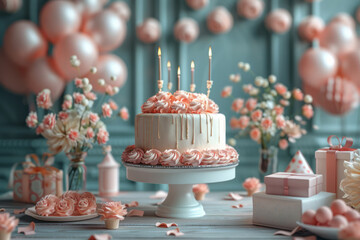 Poster - Circular birthday table in 3D visualization, adorned with a cake, balloons, and gifts,
