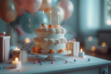 Poster - Circular birthday table in 3D, featuring balloons, a cake, and gift boxes,
