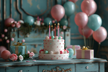 Poster - 3D visualization of a round birthday table with colorful balloons, cake, and presents,