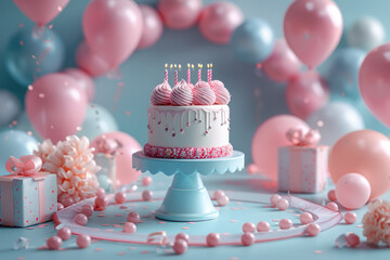 Poster - 3D-rendered circular birthday table with balloons, cake, and presents,