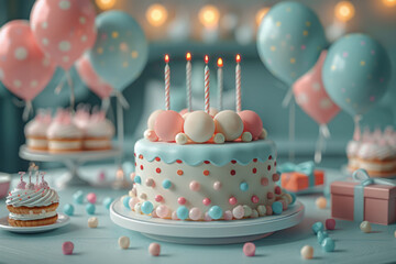 Poster - 3D visualization of a round birthday table with colorful balloons, cake, and presents,