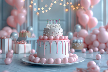 Poster - 3D visualization of a birthday table in a circular shape with balloons, cake, and gifts,