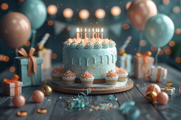 Poster - 3D birthday celebration table, circular, with cake, balloons, and gifts,
