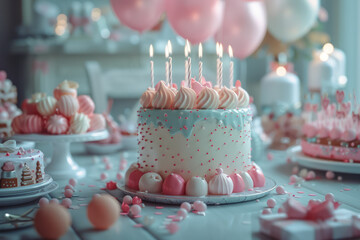 Poster - Round birthday table in 3D, featuring balloons, cake, and presents,
