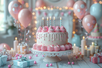 Poster - 3D model of a round birthday table with balloons, cake, and presents,