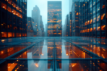 Aufkleber - Glass skyscraper in focus with a backdrop of tall buildings, viewed from eye level,