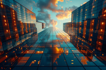Aufkleber - Eye-level perspective of a glass skyscraper, with other high-rise buildings in the background,