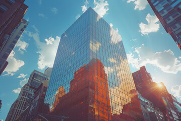 Aufkleber - Focus on a sleek glass skyscraper with a backdrop of high-rise buildings, eye-level perspective,