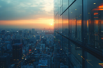 Aufkleber - Glass skyscraper in the foreground, with a backdrop of city high-rises, eye-level view,